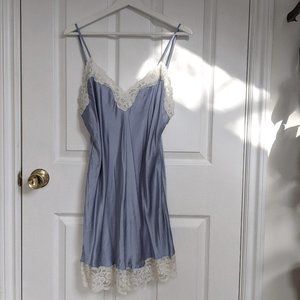 Vintage Blue Silk Slip Dress with White Lace Trim - Size L